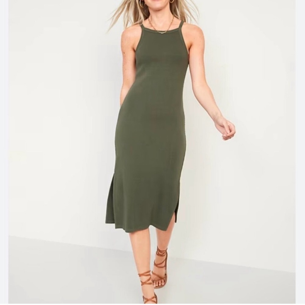 Olive Green Ribbed Midi Dress